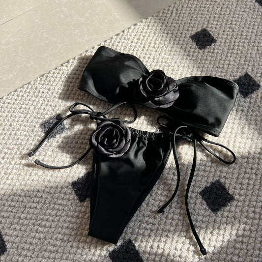 New Solid Color Rose Tube Top Drawstring Strap Split Swimsuit