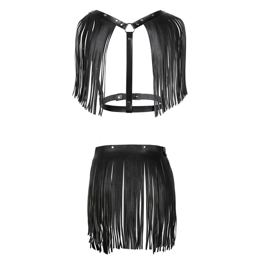 Women's Fashion Simple Tassel Harness Skirt Belt Set Leather Harness - Alternative Gothic Dark Wear | Embrace Dark Aesthetic Men & Women Gothic Clothing