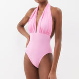 One Piece Swimsuit Deep V Halter Backless