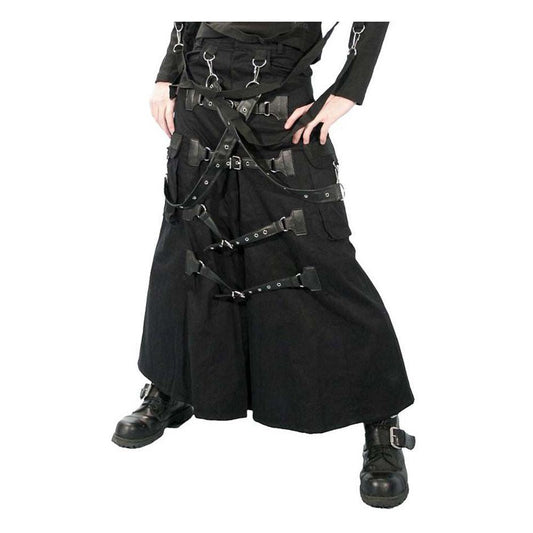 Men Gothic Cyber Punk Bondage Skirt | Long Black Maxi Kilt with Cargo Pockets