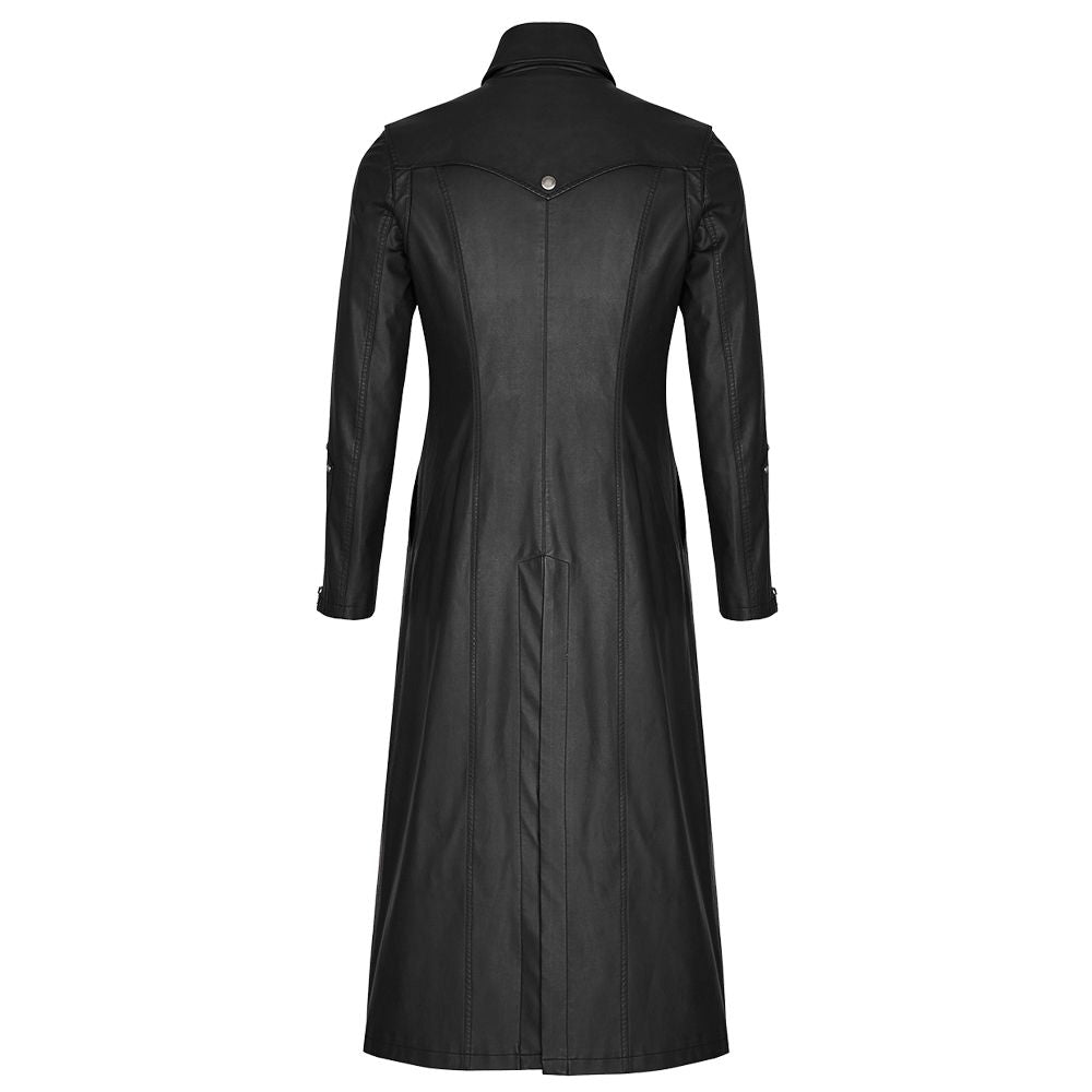 Men Long Black Gothic Coat | Faux Leather Steampunk Rock Trench with Straps & Zipper