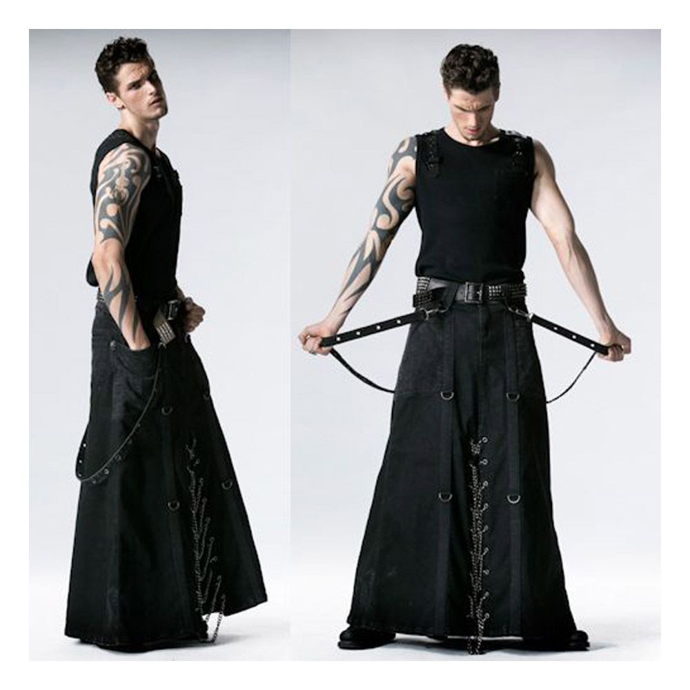 Men Tripp Gothic Long Skirt | Punk Rock Maxi Kilt with Chains & Skull Buttons