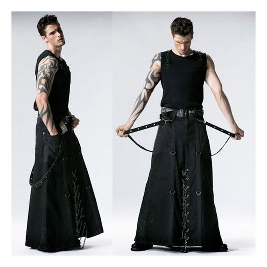 Men Tripp Gothic Long Skirt | Punk Rock Maxi Kilt with Chains & Skull Buttons
