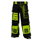 Men Gothic Cyber Rave Baggy Trousers | Black Green Fear Pants with Circuit Print