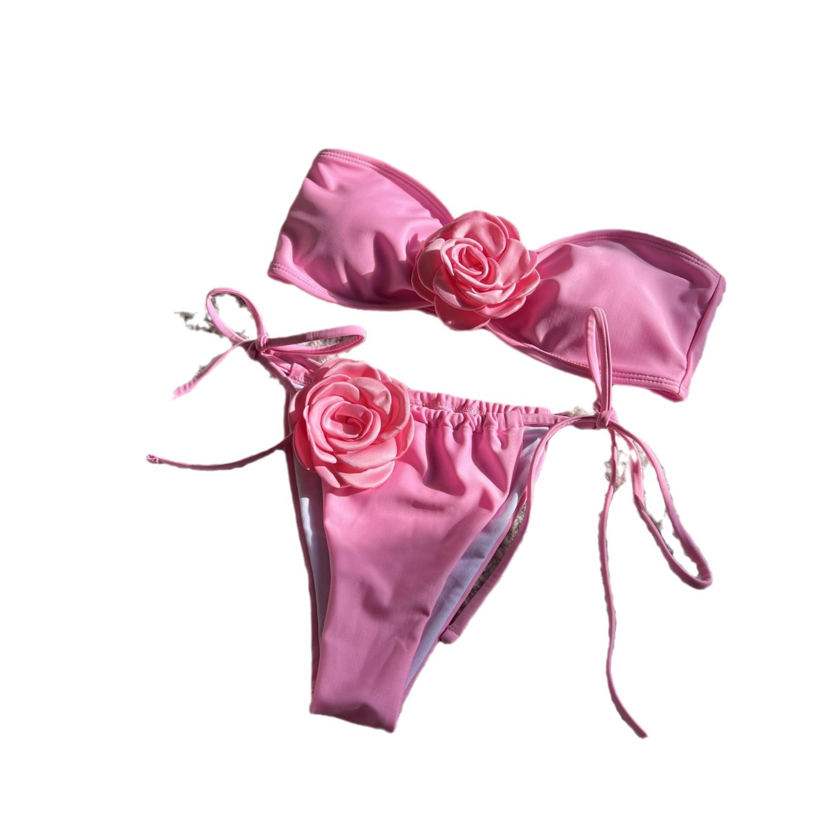 New Solid Color Rose Tube Top Drawstring Strap Split Swimsuit