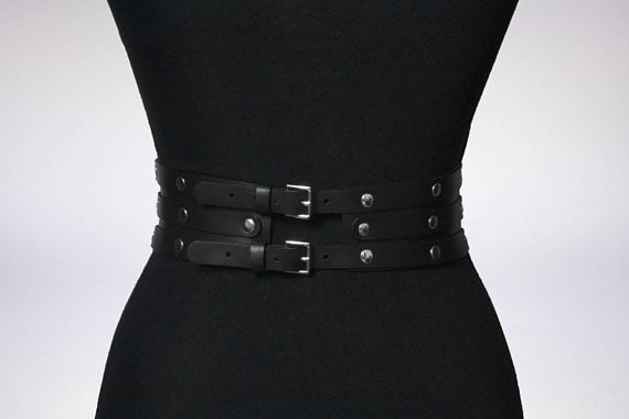 Women Black Leather Waist Belts Sexy Body Harness 3 Layer PU Metal Hoop Patchwork Rivet Belt for Lady - Alternative Gothic Dark Wear | Embrace Dark Aesthetic Men & Women Gothic Clothing