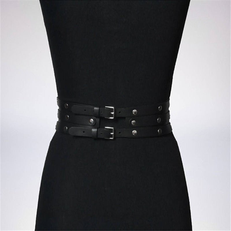 Women Black Leather Waist Belts Sexy Body Harness 3 Layer PU Metal Hoop Patchwork Rivet Belt for Lady - Alternative Gothic Dark Wear | Embrace Dark Aesthetic Men & Women Gothic Clothing