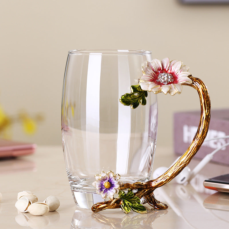 Light Luxury Enamel Water Cup Tea Cup Household High Temperature Resistant Crystal Glass Flower Tea Cup