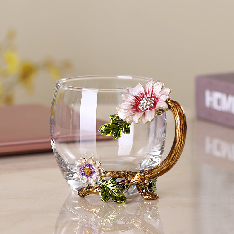 Light Luxury Enamel Water Cup Tea Cup Household High Temperature Resistant Crystal Glass Flower Tea Cup