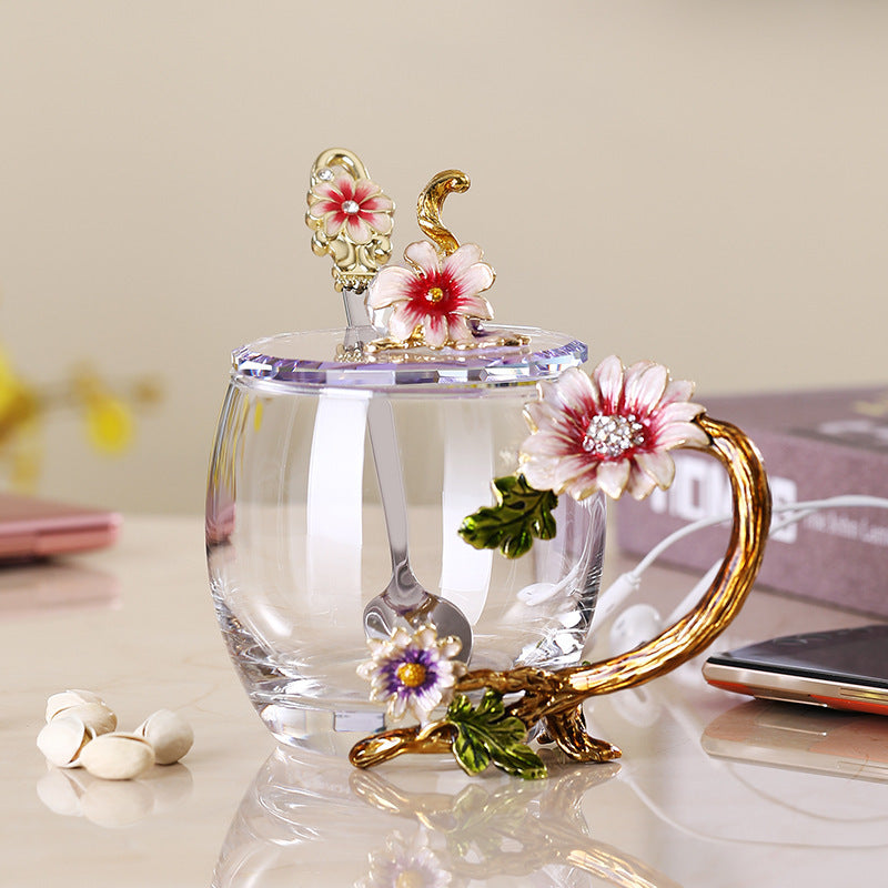 Light Luxury Enamel Water Cup Tea Cup Household High Temperature Resistant Crystal Glass Flower Tea Cup