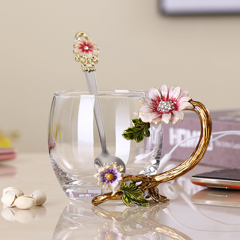 Light Luxury Enamel Water Cup Tea Cup Household High Temperature Resistant Crystal Glass Flower Tea Cup