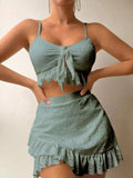 3pcs Beach Bikini With Hip-hugging Skirt Fashion Ruffle Design Swimsuit Set Summer Womens Clothing