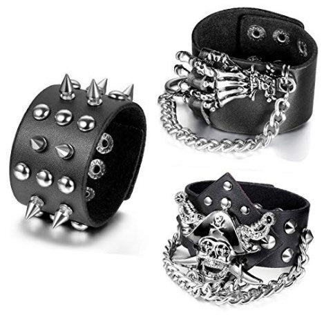 Aroncent 3 Piece Set Spike Studded Rivet Punk Rock Biker Leather Bracelets with Wide Straps and Adjustable Chain Wristbands - Alternative Gothic Dark Wear | Embrace Dark Aesthetic Men & Women Gothic Clothing