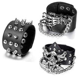 Aroncent 3 Piece Set Spike Studded Rivet Punk Rock Biker Leather Bracelets with Wide Straps and Adjustable Chain Wristbands - Alternative Gothic Dark Wear | Embrace Dark Aesthetic Men & Women Gothic Clothing