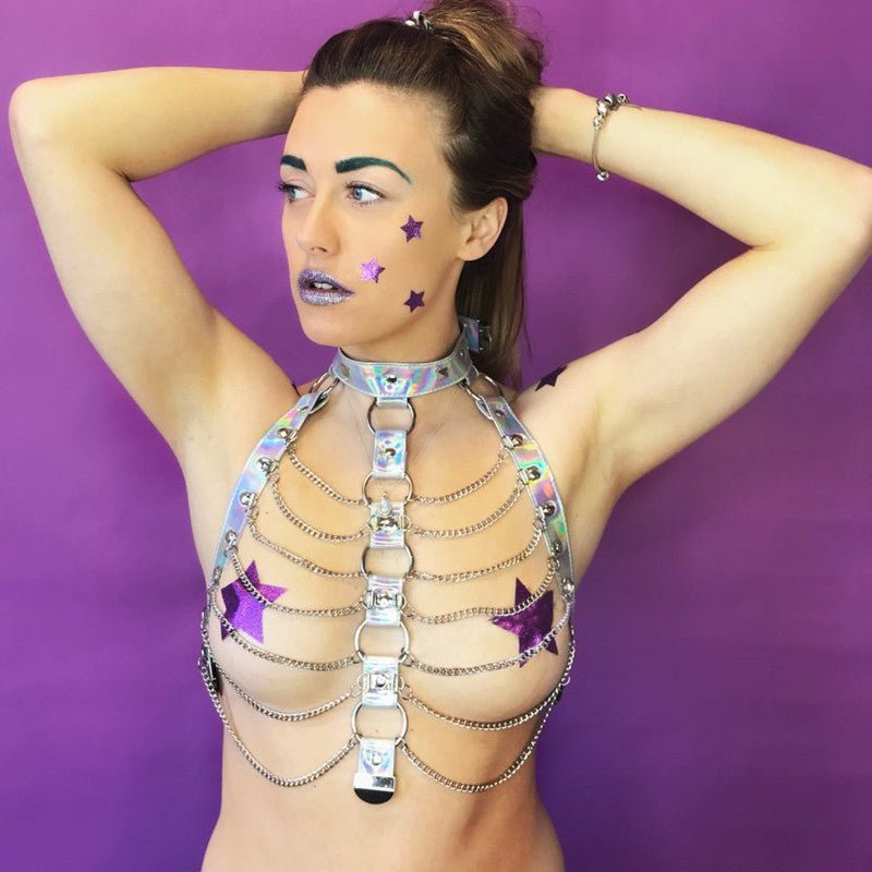 Women Halter Color Body Harness Bondage Party Chain Belt Festival Rave Costume Clubwear Holographic Belt Pastel Goth Top - Alternative Gothic Dark Wear | Embrace Dark Aesthetic Men & Women Gothic Clothing