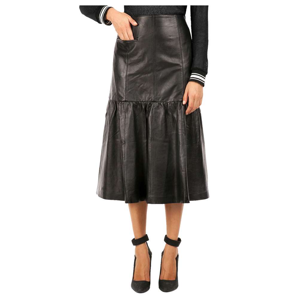 Women Black Faux Leather Midi Skirt | Gothic Ruffled Hem High-Waist Skirt