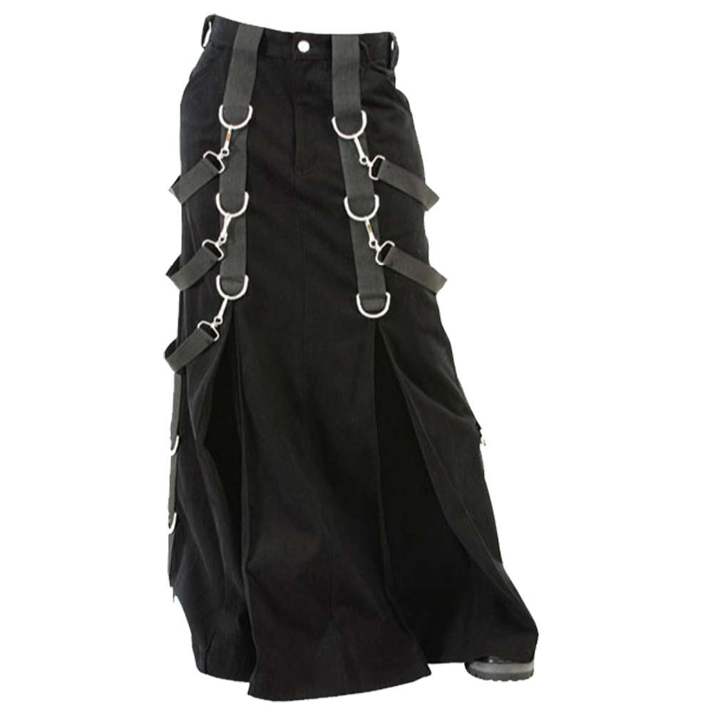 Men Gothic Steampunk Belt Denim Black Kilt | Pleated Canvas Skirt with D-Rings & Straps