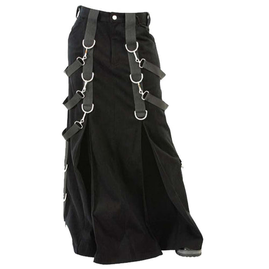 Men Gothic Steampunk Belt Denim Black Kilt | Pleated Canvas Skirt with D-Rings & Straps