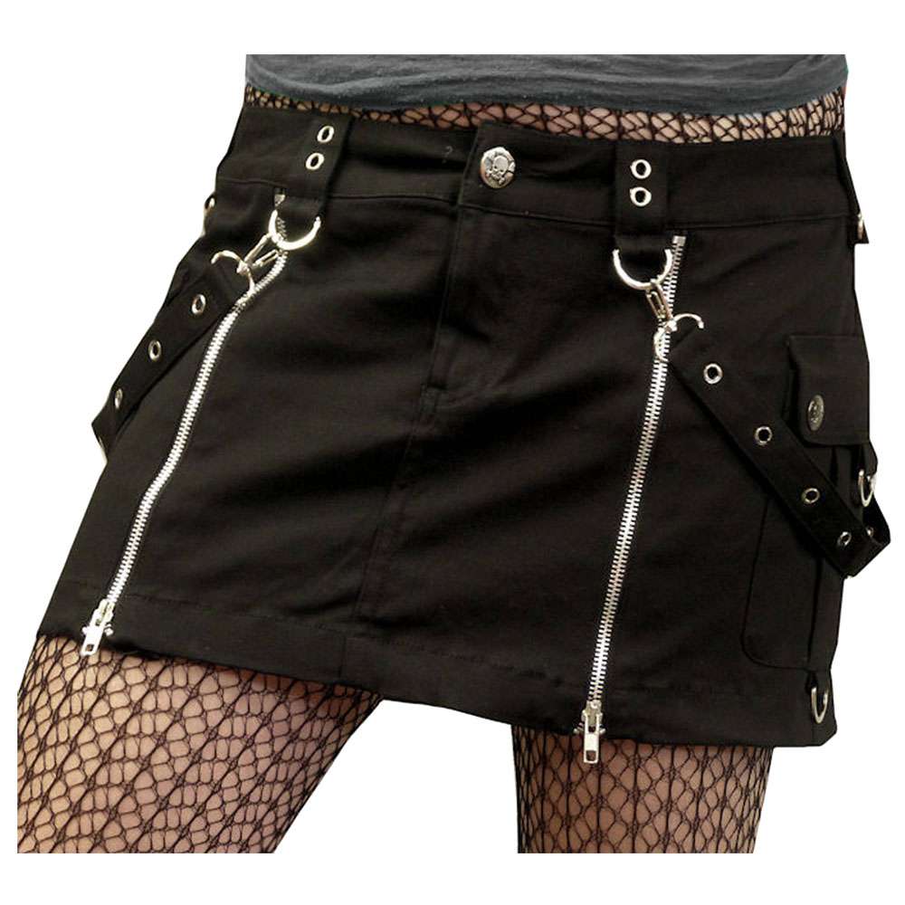 Women Gothic Mini Skirt with Double Zippers | Black Bondage Skirt with Straps & Pouches