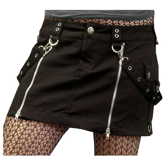 Women Gothic Mini Skirt with Double Zippers | Black Bondage Skirt with Straps & Pouches
