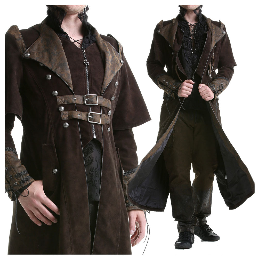Men Steampunk Brown Velvet Coat | VTG Regency Highwayman Full-Length Frock with Faux Leather Details