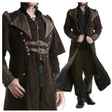 Men Steampunk Brown Velvet Coat | VTG Regency Highwayman Full-Length Frock with Faux Leather Details