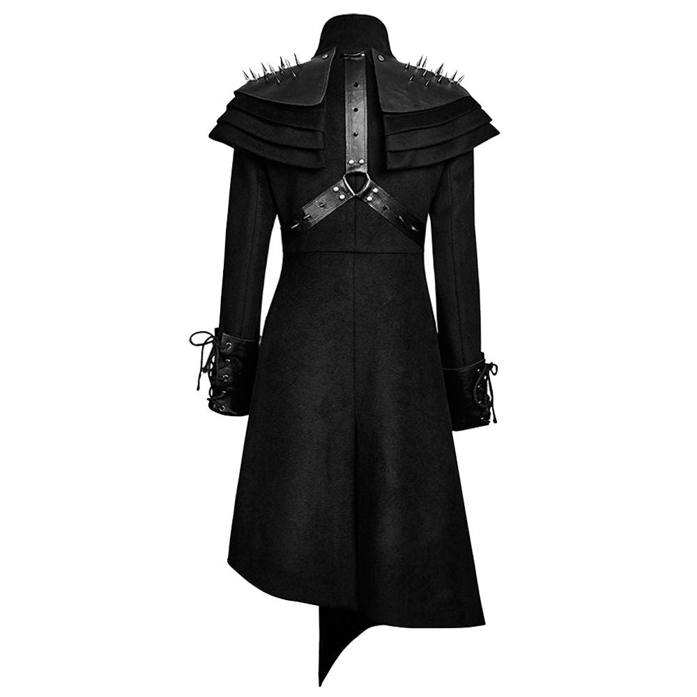 Women Gothic Long Black Coat with Spiked Shoulders | Steampunk Punk Rivet Trench Coat