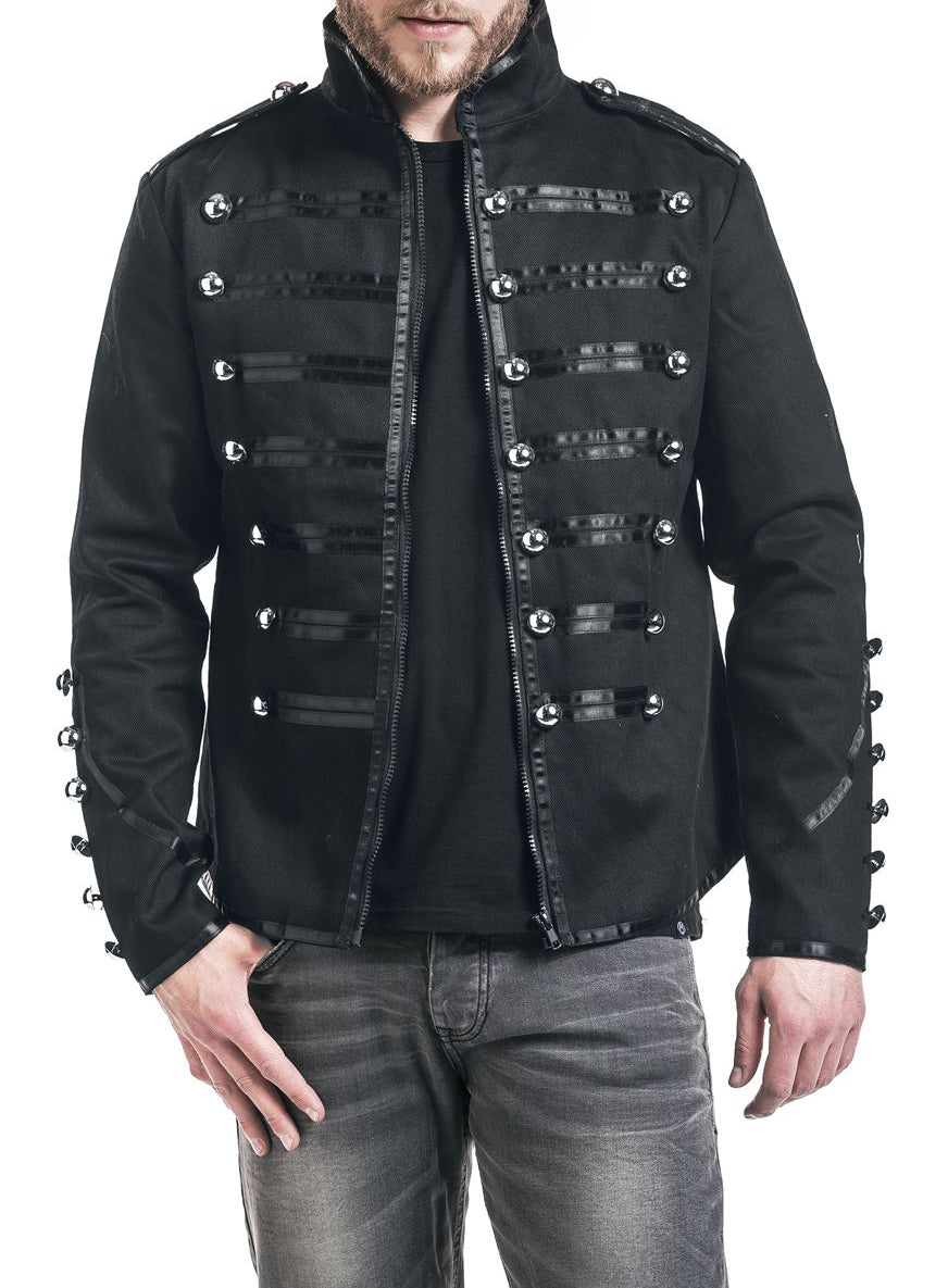 Men Gothic Drummer Parade Coat | Black Steampunk Officer Jacket with Gold Epaulettes