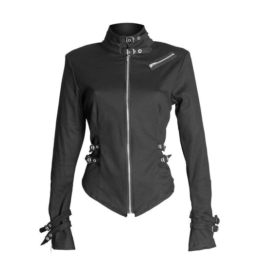 Women Black Denim Biker Jacket | Military Punk Long Sleeve Motorcycle Coat