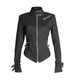 Women Black Denim Biker Jacket | Military Punk Long Sleeve Motorcycle Coat