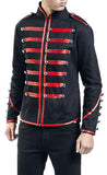 Men Steampunk Drummer Parade Coat | Black Military Jacket with Red Straps & Silver Buttons