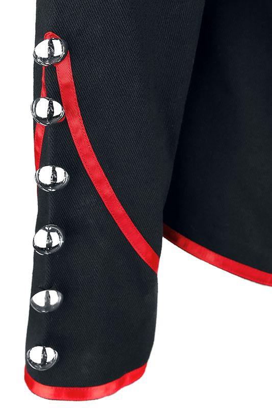 Men Steampunk Drummer Parade Coat | Black Military Jacket with Red Straps & Silver Buttons