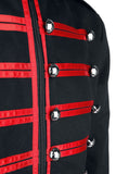 Men Steampunk Drummer Parade Coat | Black Military Jacket with Red Straps & Silver Buttons
