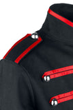 Men Steampunk Drummer Parade Coat | Black Military Jacket with Red Straps & Silver Buttons