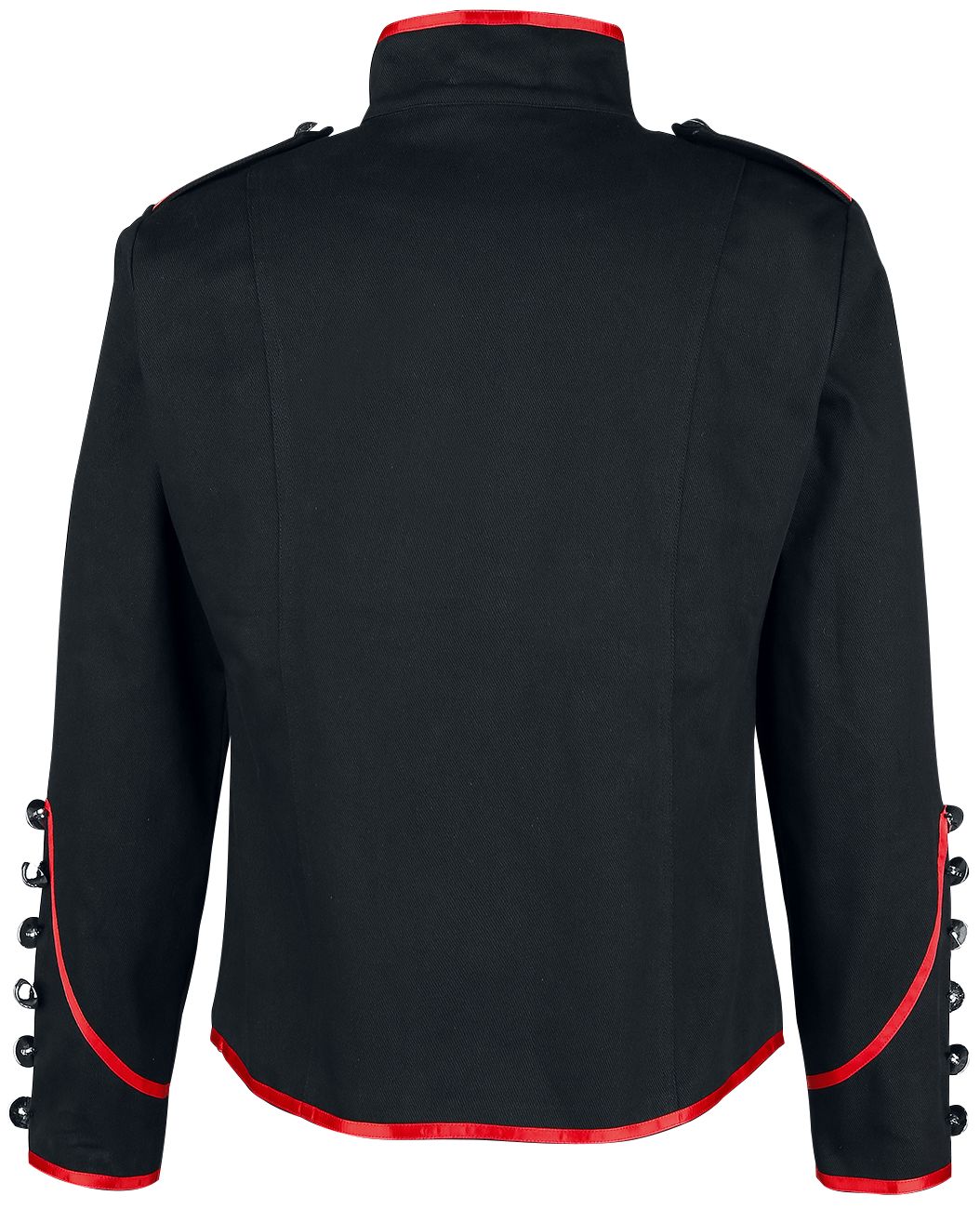 Men Steampunk Drummer Parade Coat | Black Military Jacket with Red Straps & Silver Buttons