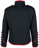 Men Steampunk Drummer Parade Coat | Black Military Jacket with Red Straps & Silver Buttons