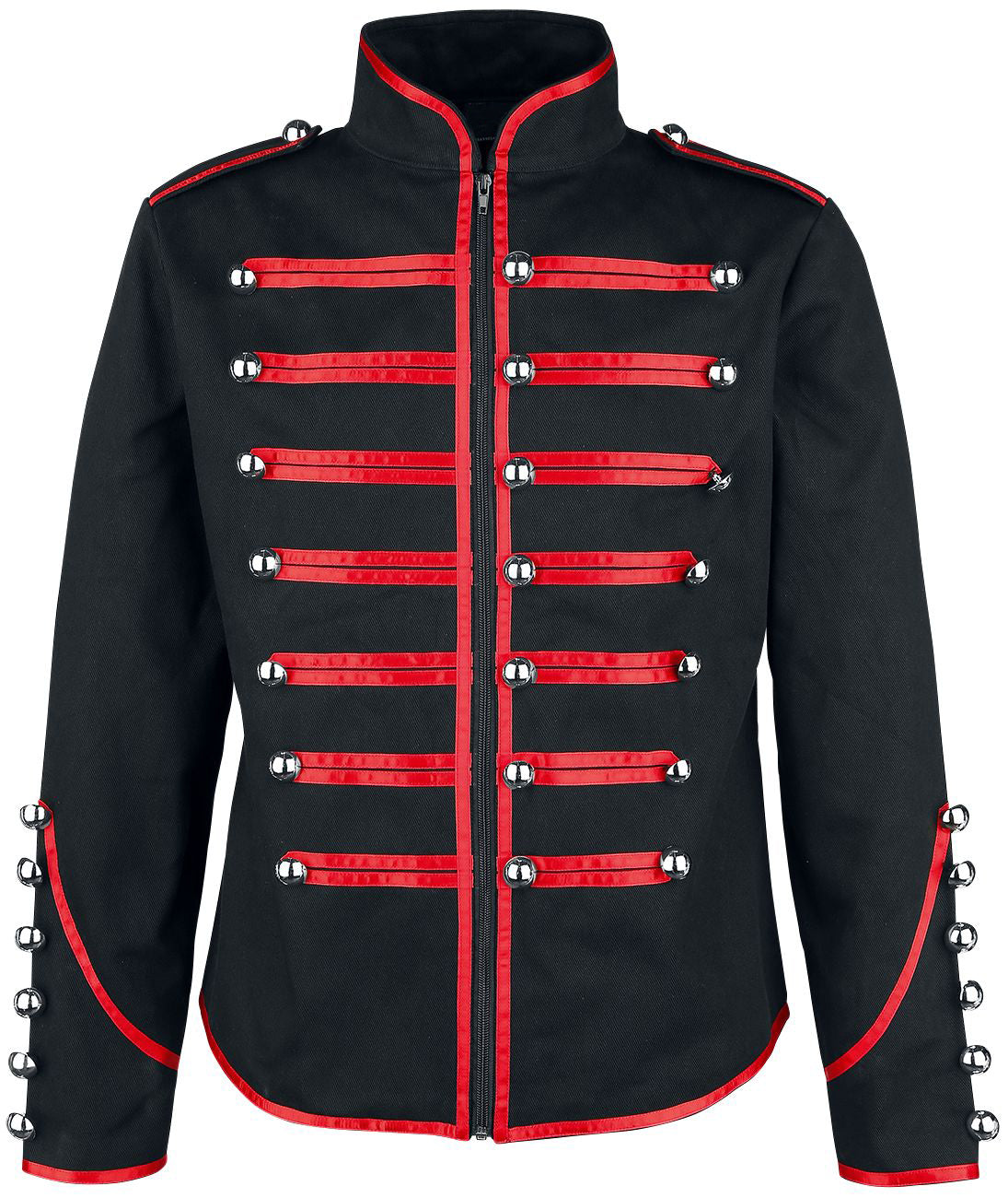 Men Steampunk Drummer Parade Coat | Black Military Jacket with Red Straps & Silver Buttons