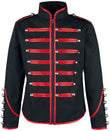 Men Steampunk Drummer Parade Coat | Black Military Jacket with Red Straps & Silver Buttons