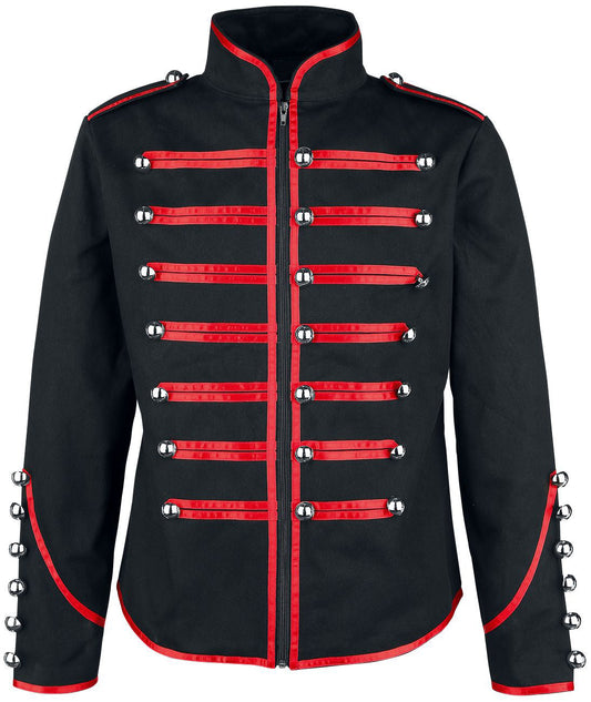 Men Steampunk Drummer Parade Coat | Black Military Jacket with Red Straps & Silver Buttons