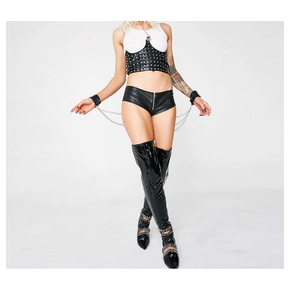 Women Cuff Me Up Front Zipper Chain Booty Short | Gothic Leather Fetish Hot Pants