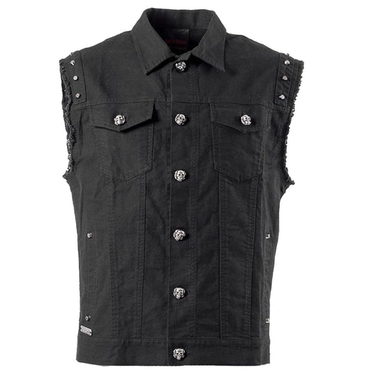 Men Skull Button Punk Vest | Black Cotton Sleeveless Rocker Top with Metal Studs