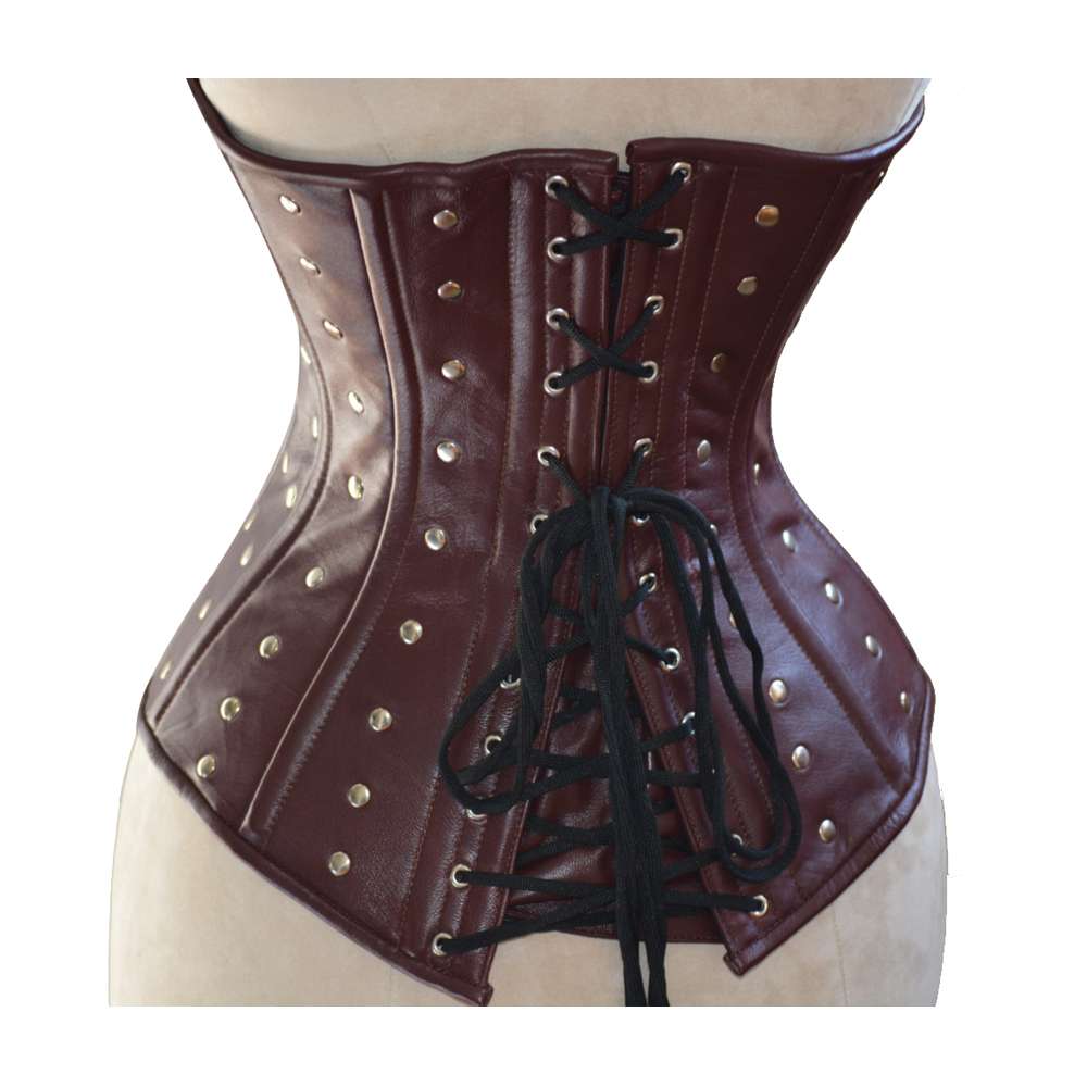 Women Real Sheep Leather Steampunk Corset | Gothic Waist Training Overbust with Belt and Metal Decor