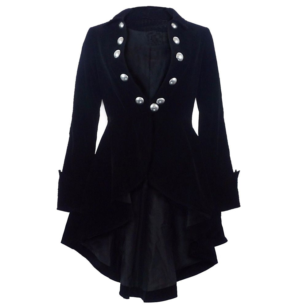Victorian Black Velvet Ruffle Frock Coat | Women's Military Gothic Waterfall Jacket