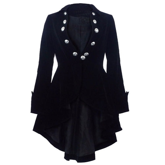 Victorian Black Velvet Ruffle Frock Coat | Women's Military Gothic Waterfall Jacket