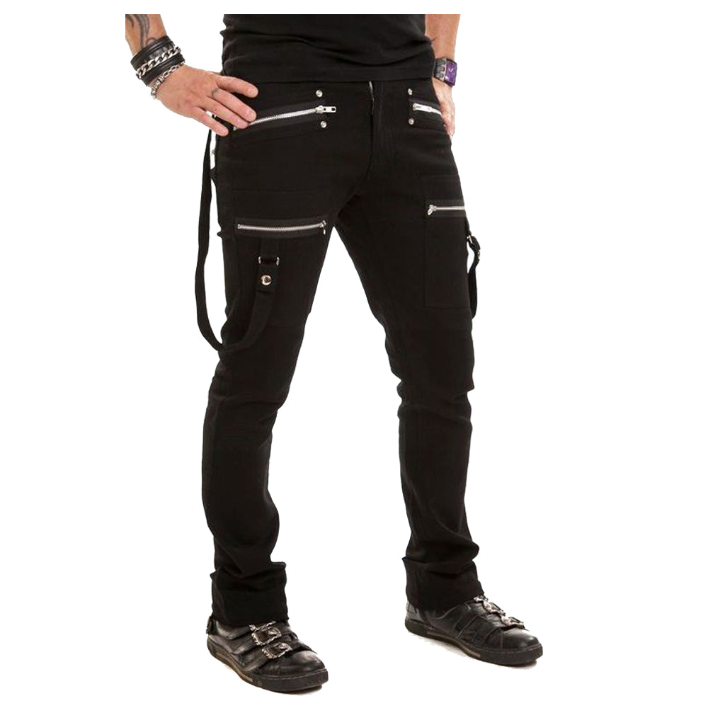 Men Detachable Strap Gothic Pants | Black Slim Fit Zipper Detail Trousers with Chains