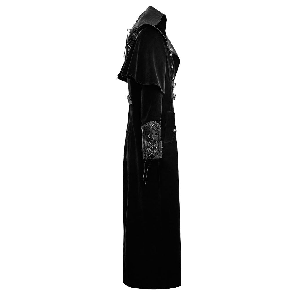Men Gothic Steampunk VTG Highwayman Long Coat | Black Twill Trench with Faux Leather Cape & Straps