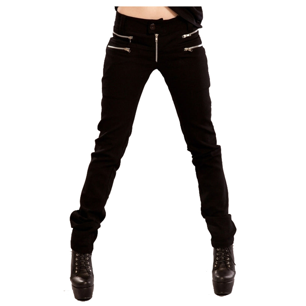 Women Elastic Skinny Goth Pants | Black Zipper Detail Trousers with Metal Ring Accent