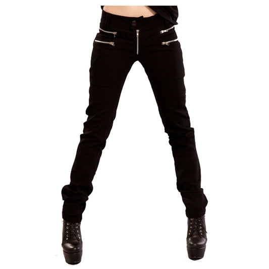 Women Elastic Skinny Goth Pants | Black Zipper Detail Trousers with Metal Ring Accent