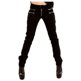 Women Elastic Skinny Goth Pants | Black Zipper Detail Trousers with Metal Ring Accent
