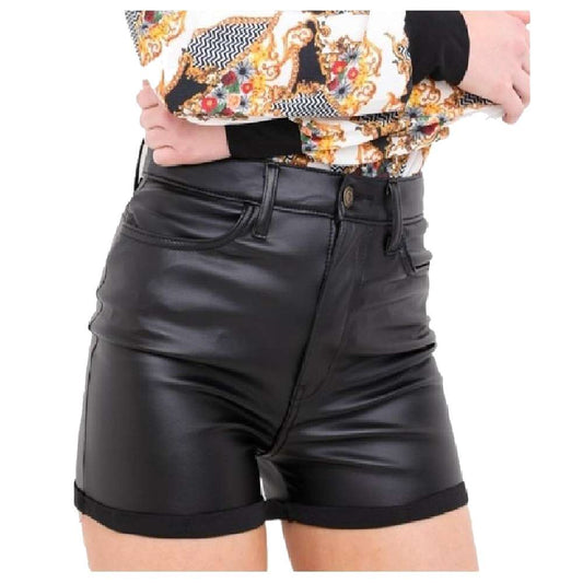 Women High Waist Leather Shorts | Black Genuine Lambskin Hot Pants with Satin Lining